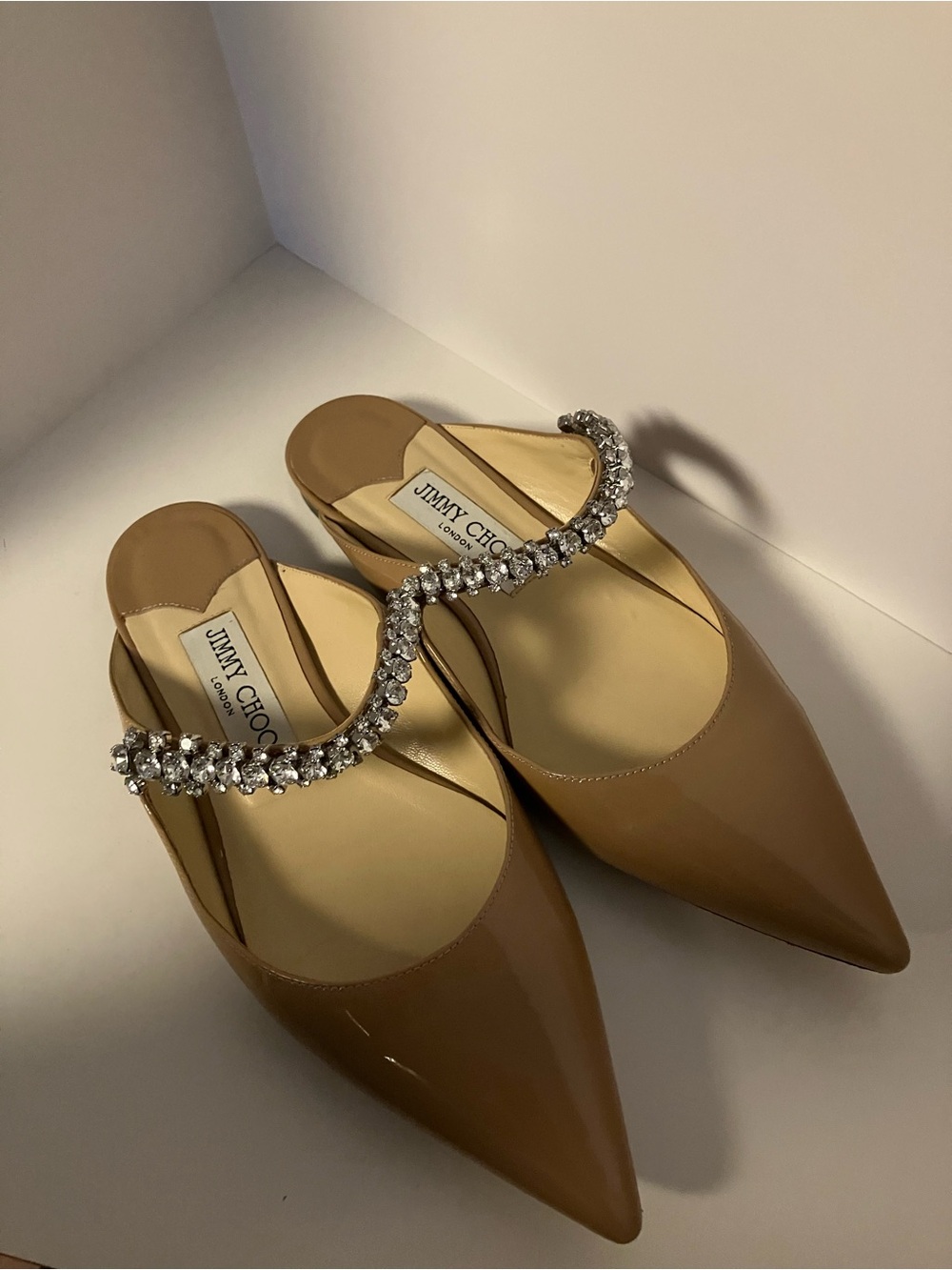 Jimmy Choo Nude Patent Leather Pointed Mules with Crystal Strap